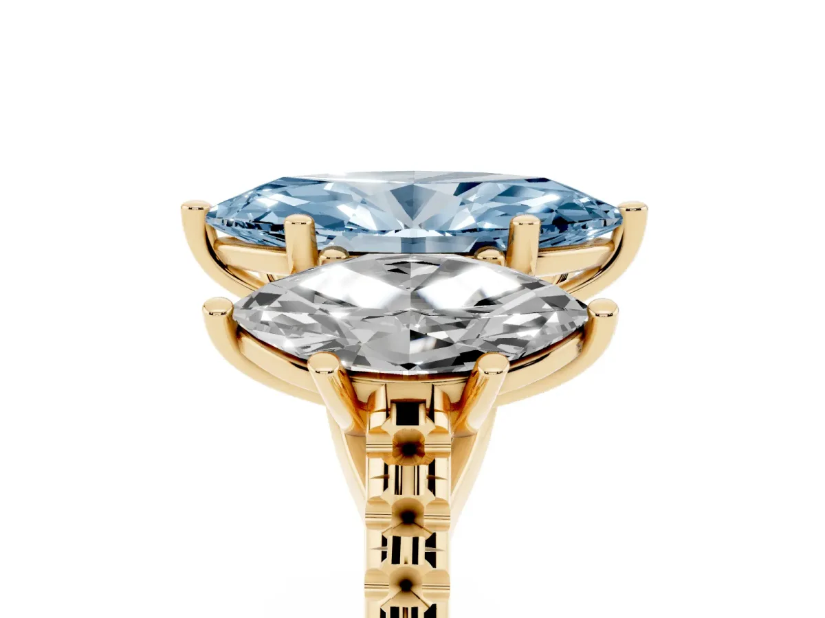 Fancy Blue Three-Stone Marquise Cut Diamond Ring with Round Pavé Band and Prong Setting Yellow gold