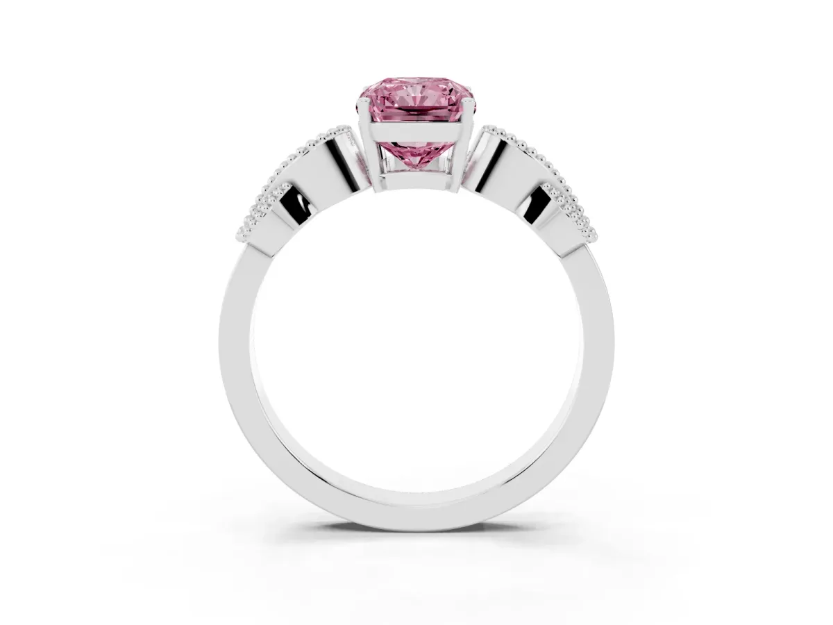 Fancy Pink Princess Cut Solitaire Milgrain Leaf Band with Prong Setting Silver