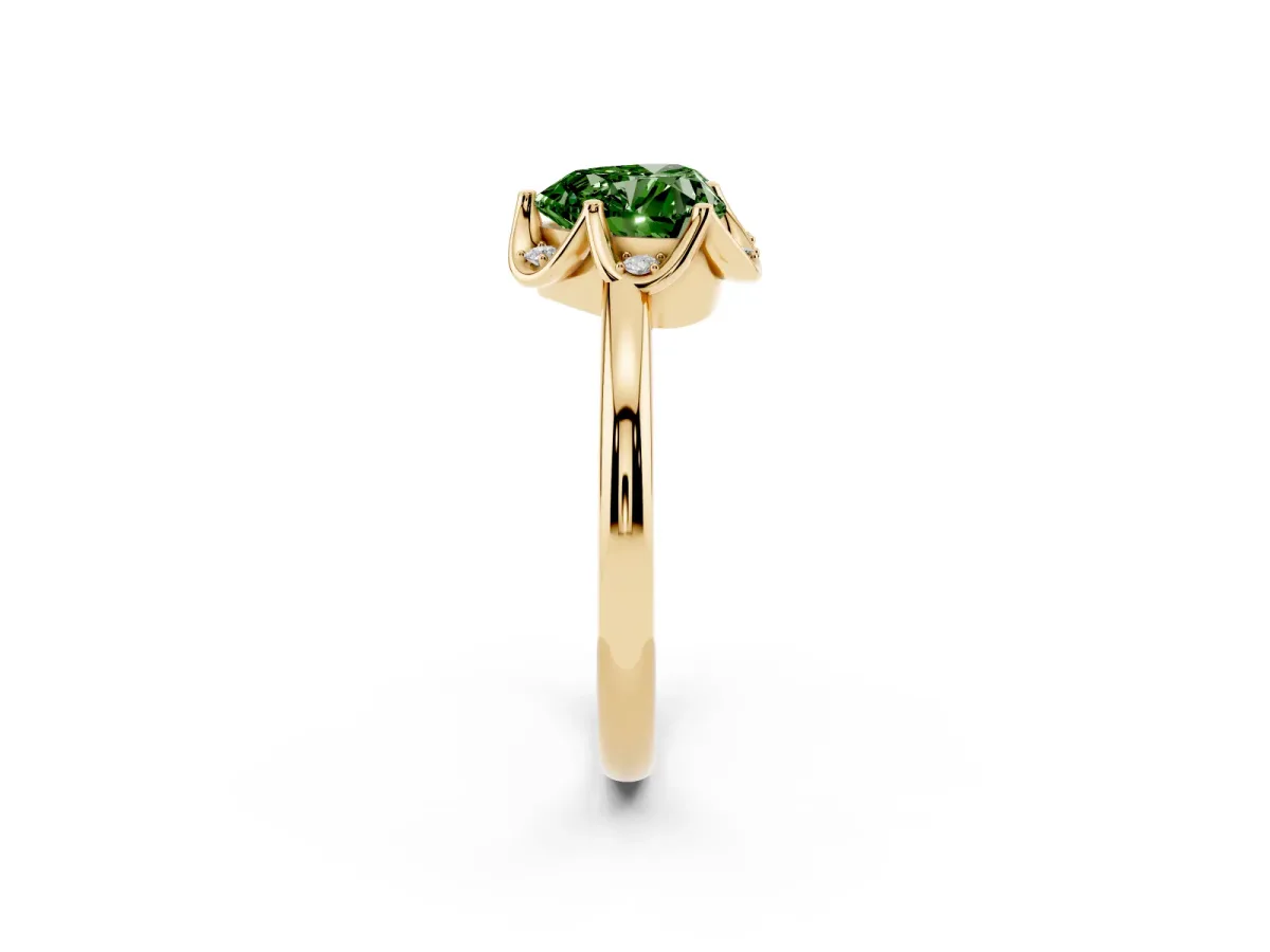 Fancy Green Heart Cut Halo Diamond Ring with Round Cluster Setting, Solitaire Band, and Four-Prong Setting Yellow gold