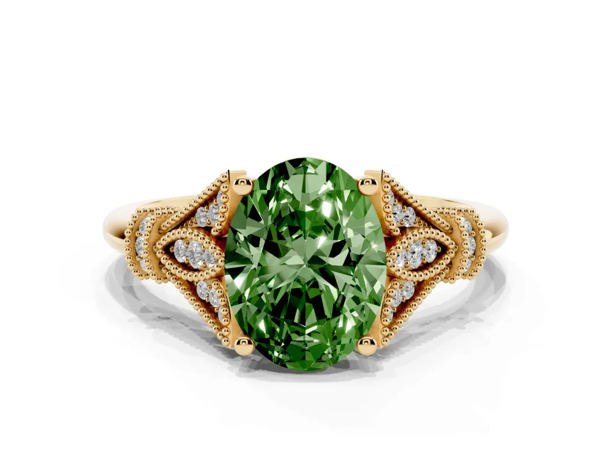 Fancy Green Oval Cut Diamond Solitaire Ring with Floral Filigree and Pave Accents Yellow gold