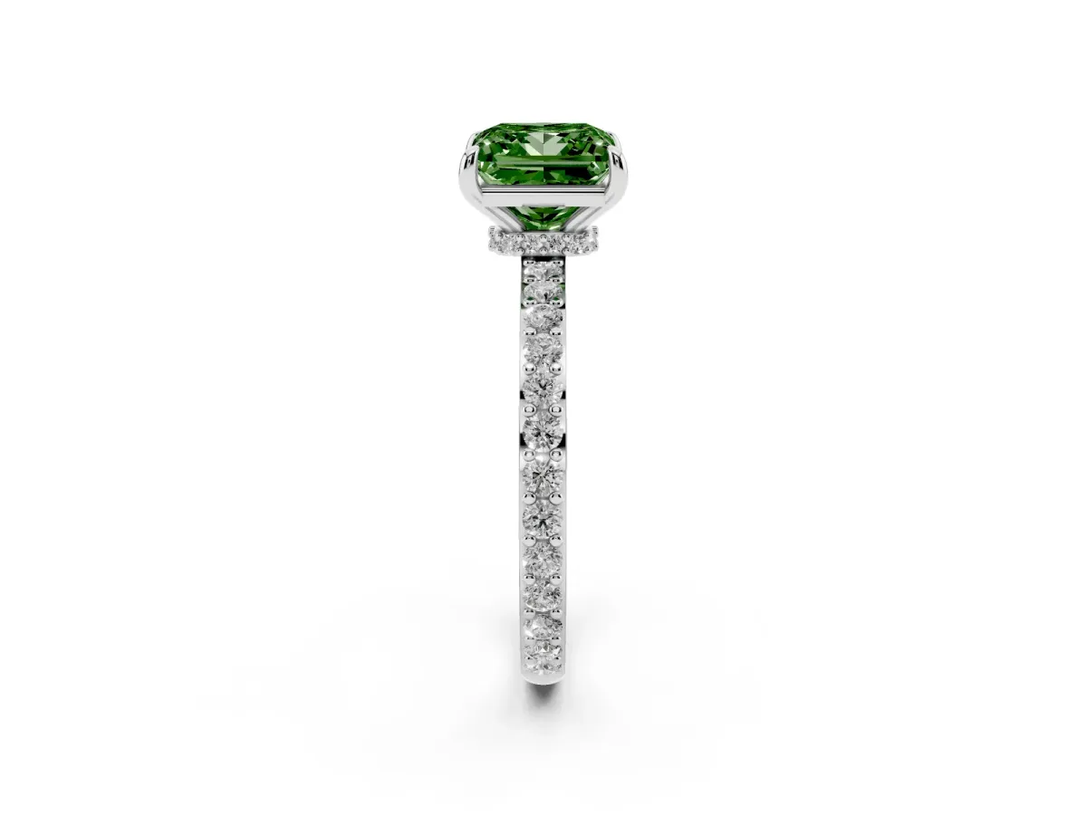 Fancy Green Princess Cut Diamond Pavé Engagement Ring with Round Accents and Prong Setting Platinum