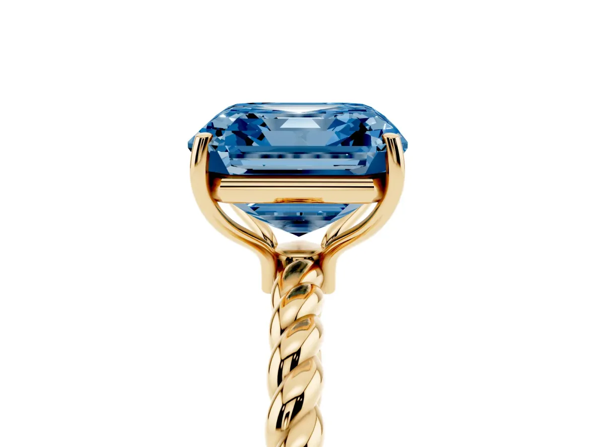 Fancy Blue Asscher Cut Solitaire Twisted Band 4-Prong Ring Yellow gold