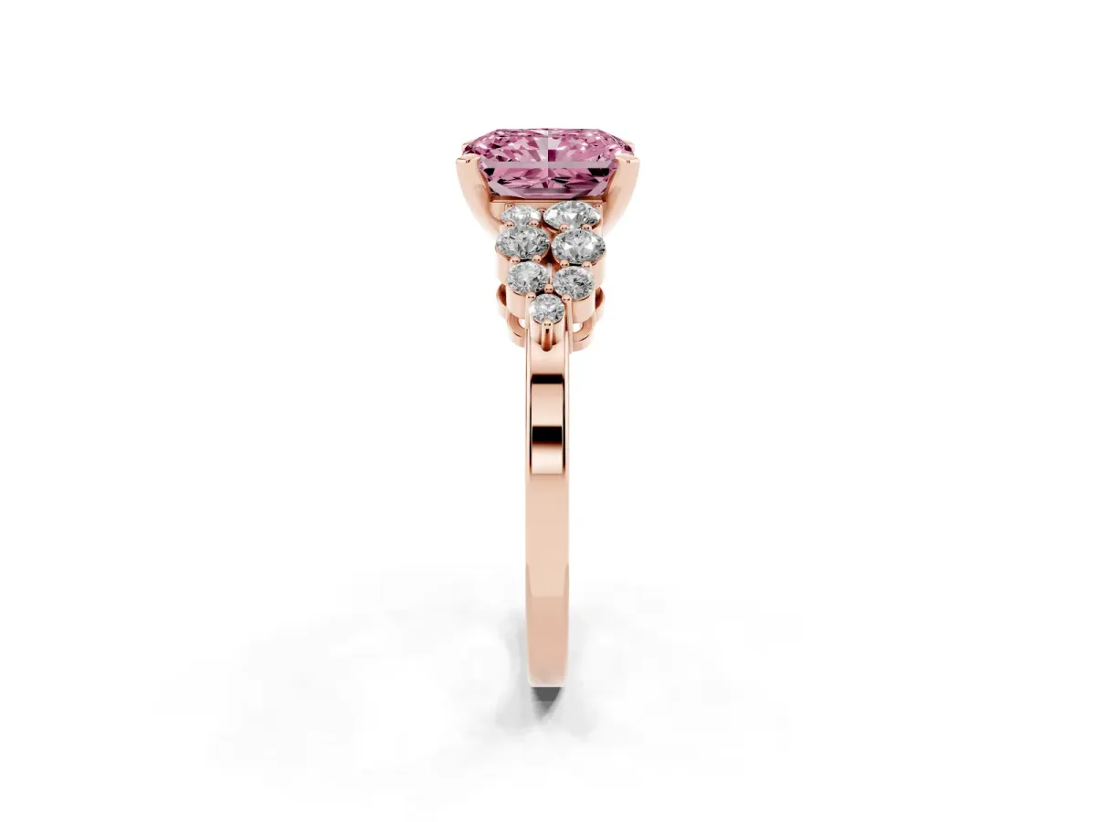 Fancy Pink Radiant Cut Cluster Diamond Engagement Ring with Pavé Band and Four-Prong Setting Rose gold