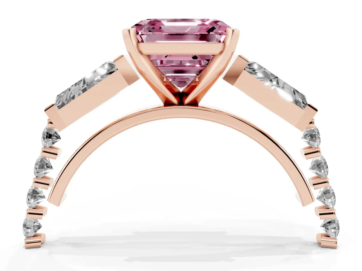 Fancy Pink Asscher Cut Diamond Engagement Ring with Baguette Side Stones and Channel Set Band Rose gold