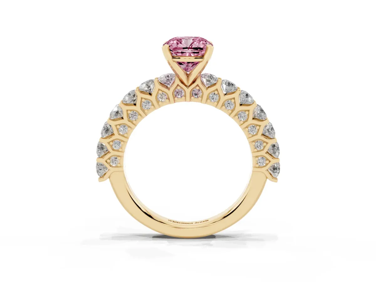 Fancy Pink Cushion Cut Diamond Solitaire Ring with Shared Prong Pavé Band and Four-Prong Setting Yellow gold