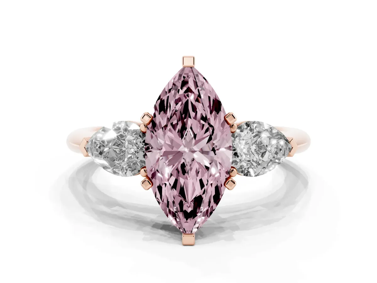 Fancy Pink Three-Stone Marquise Cut Diamond Ring with Pear Side Stones and Four-Prong Setting Rose gold