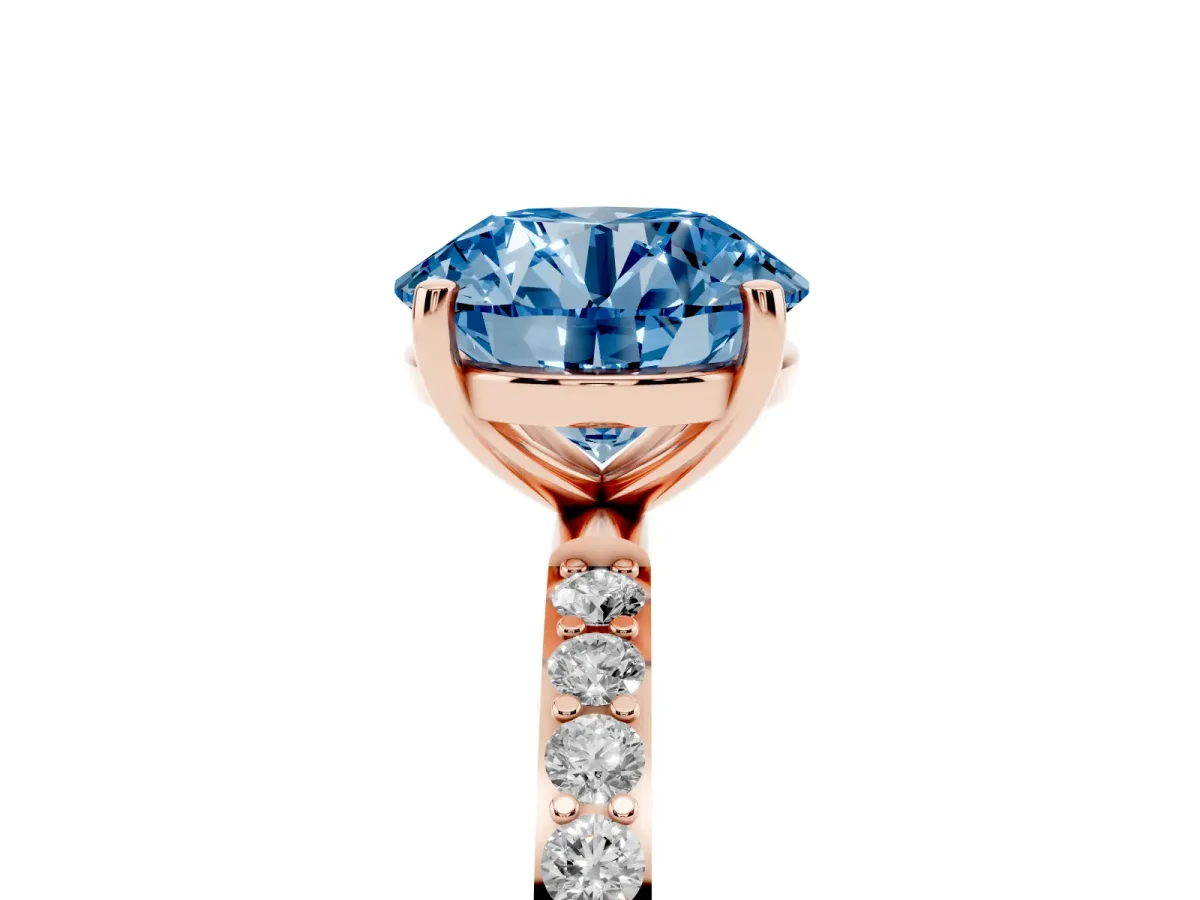 Fancy Blue Round Cut Diamond Solitaire Ring with Round Pavé Shoulders and Prong Setting Rose gold