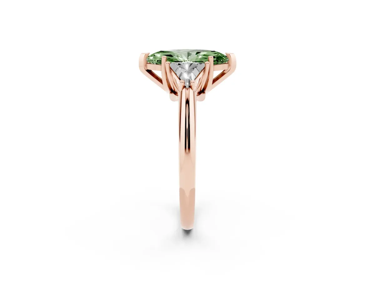 Fancy Green Three-Stone Marquise Cut Diamond Engagement Ring with Trillion Side Stones and Prong Setting Rose gold