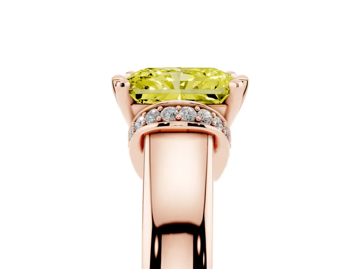 Fancy Yellow Radiant Cut Solitaire Diamond Ring with Pave Band and Six-Prong Setting Rose gold