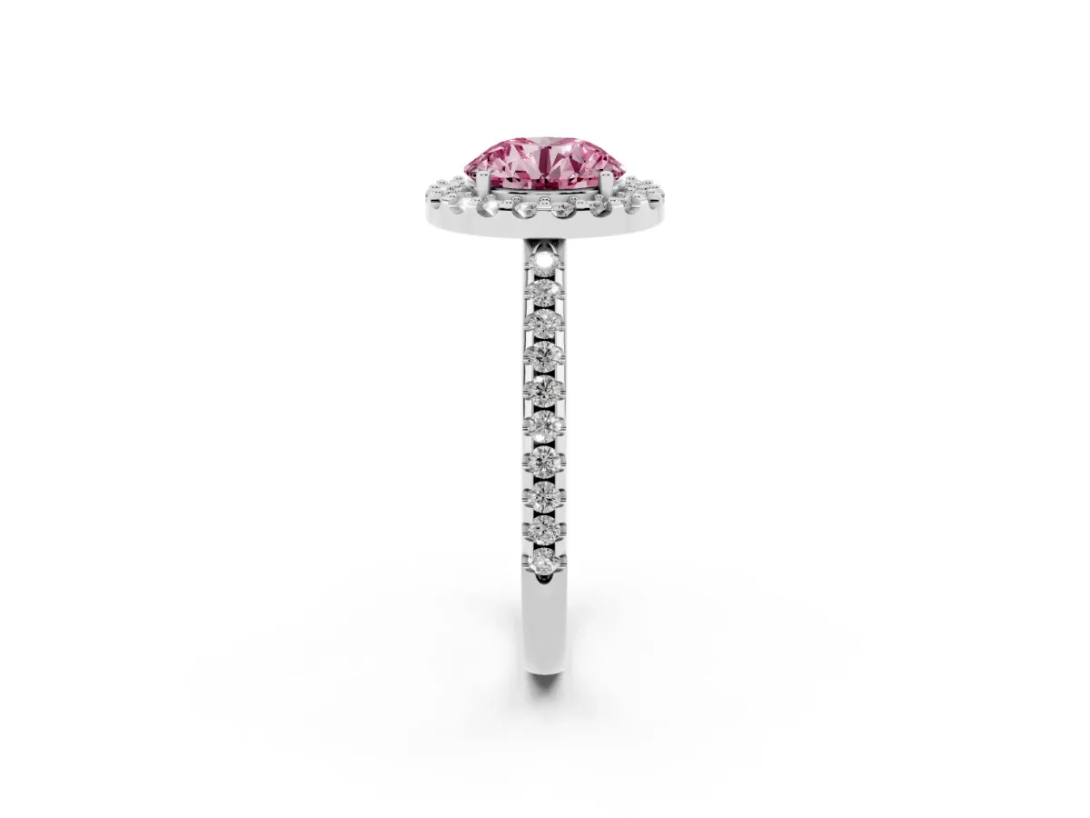 Fancy Pink Round Cut Diamond Pavé Halo Ring with Four-Prong Setting Silver