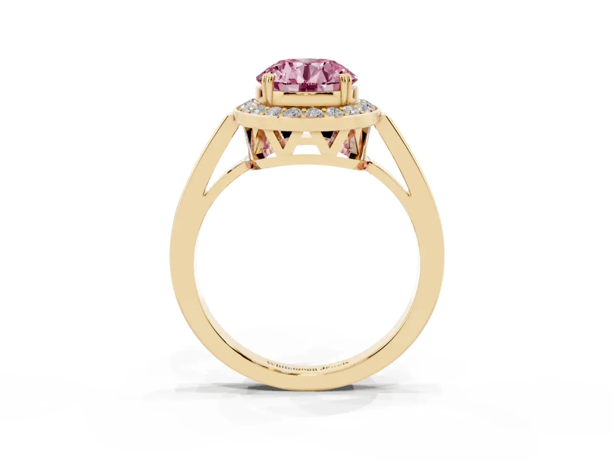 Fancy Pink Round Cut Diamond Halo Ring with Split Shank and Four-Prong Setting Yellow gold