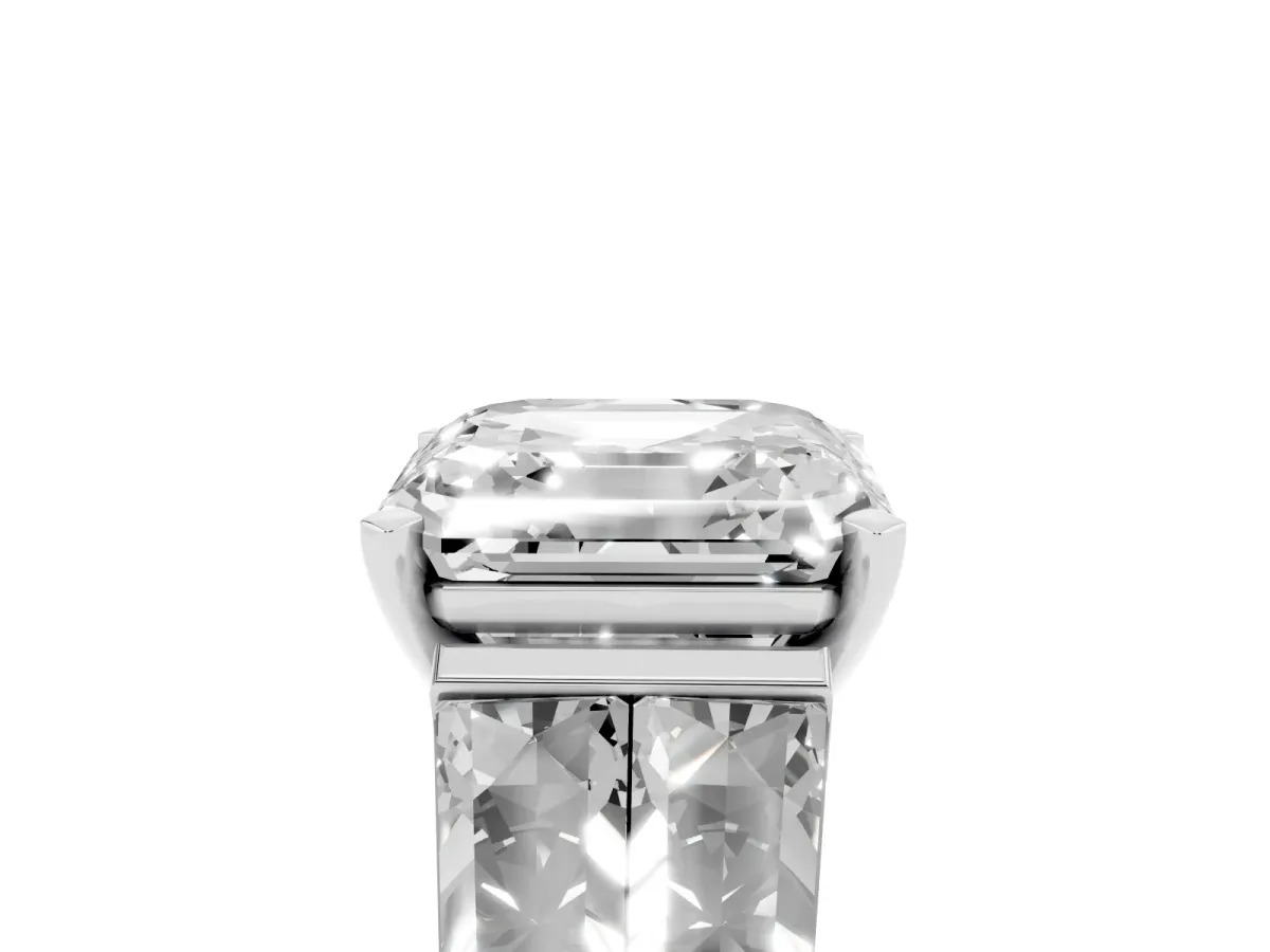 Asscher Cut Diamond Engagement Ring with Baguette Side Stones and Channel Set Band Platinum