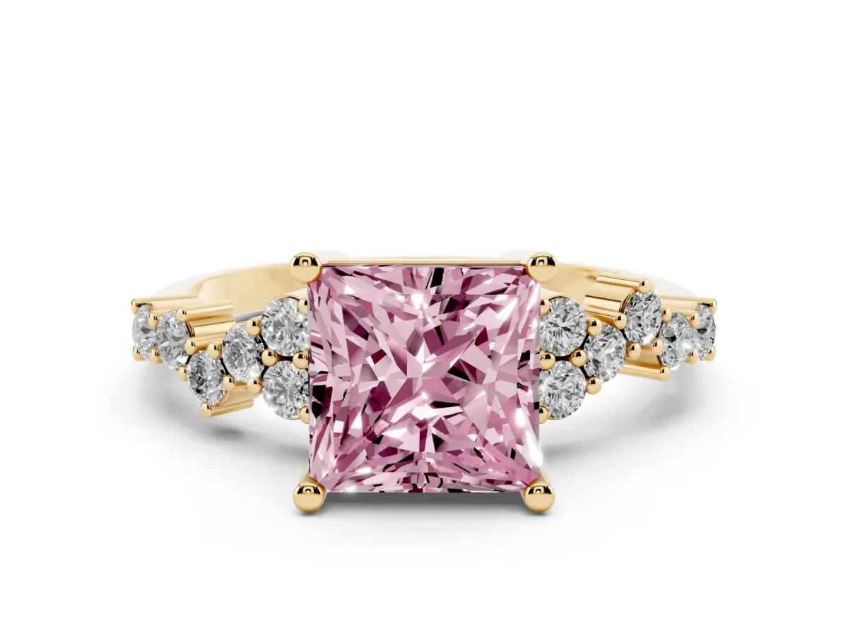 Fancy Pink Princess Cut Diamond Scattered Round Accent Ring with Prong Setting Yellow gold
