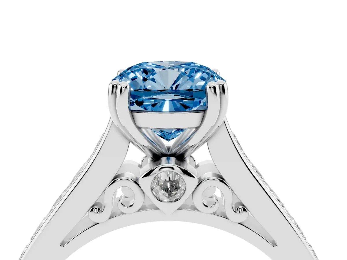 Fancy Blue Cushion Cut Cut Channel Set Solitaire Engagement Ring with Prong Setting Platinum