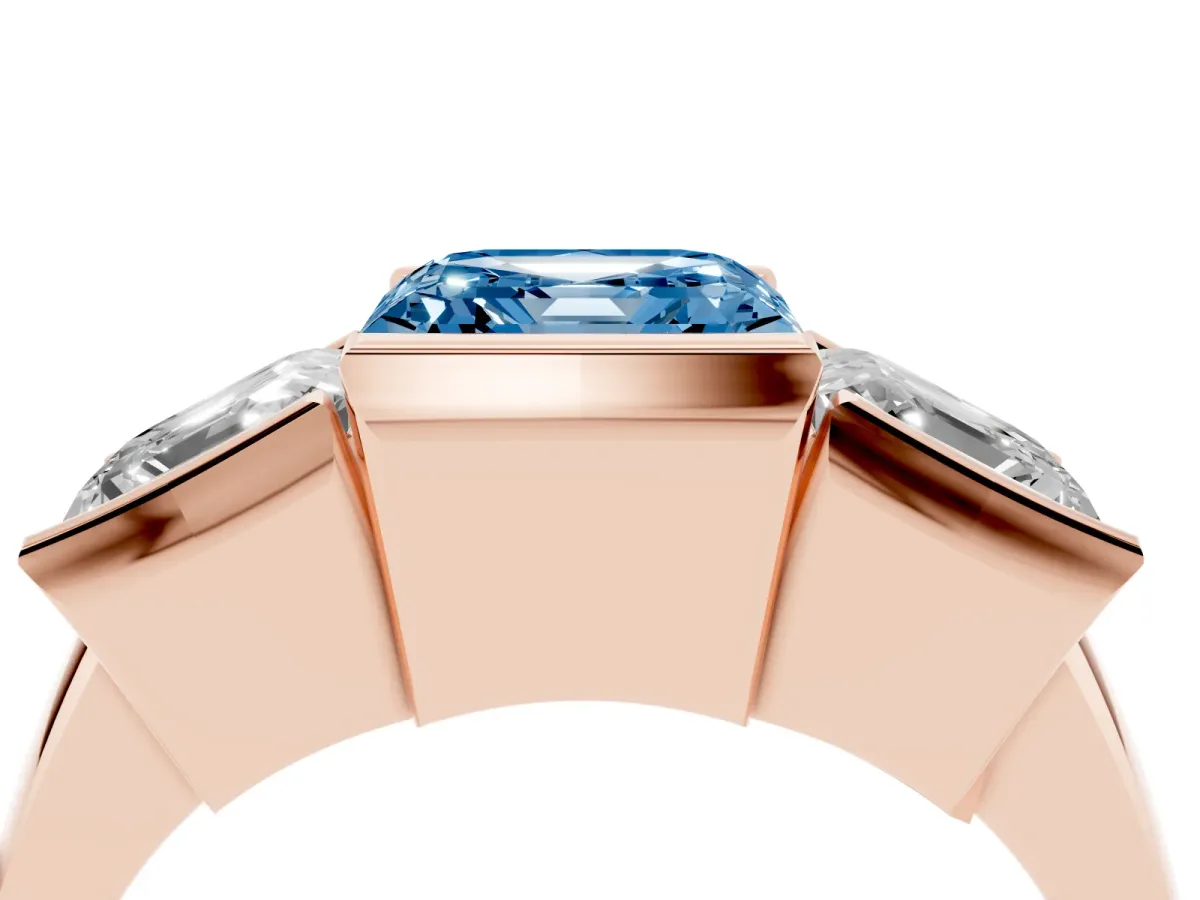 Fancy Blue Three Stone Asscher Cut Cut Channel Set Diamond Ring Rose gold