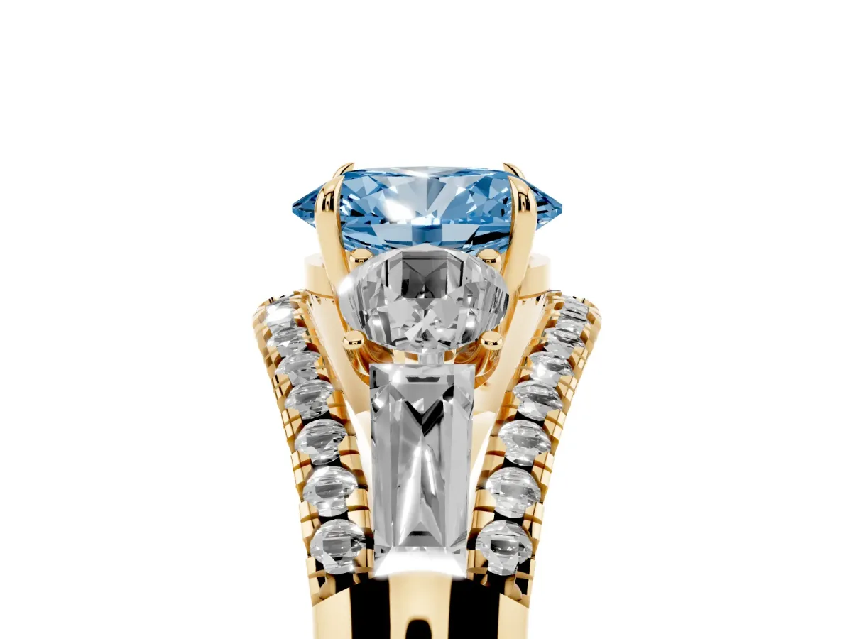 Fancy Blue Three-Stone Oval Cut Diamond Engagement Ring with Pave Band and Prong Setting Yellow gold