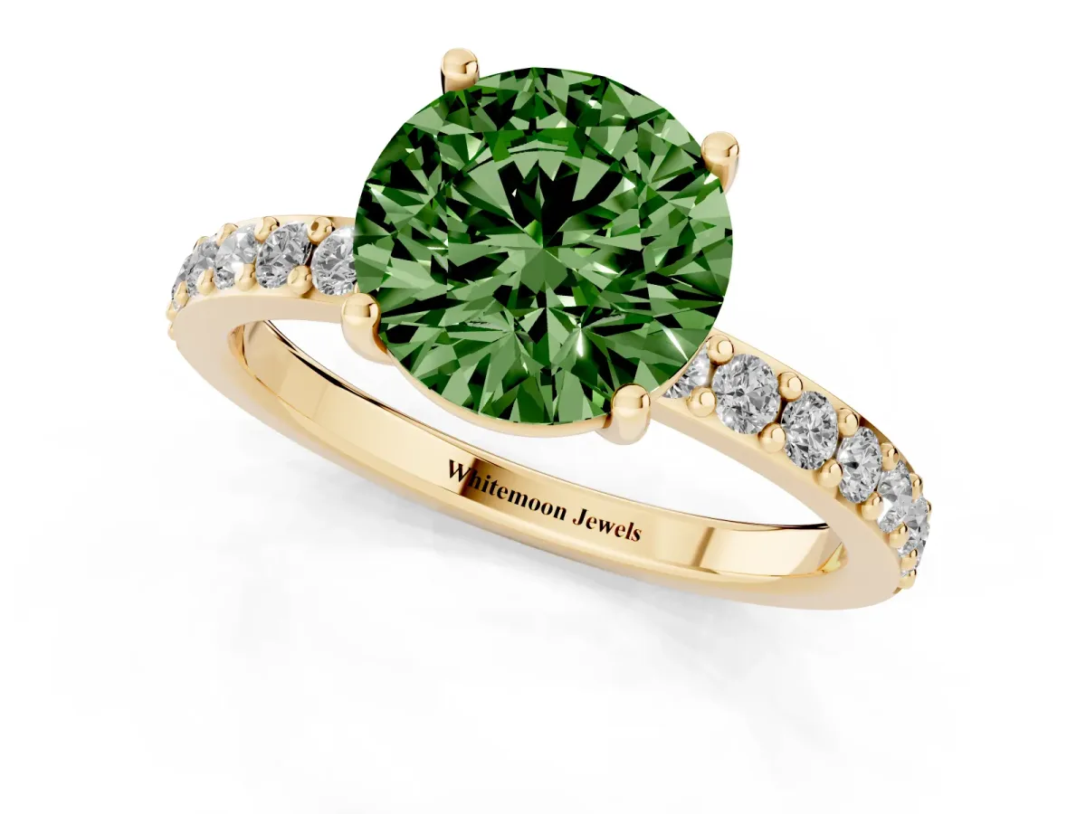 Fancy Green Round Cut Cut Diamond Solitaire with Pave Band and Four-Prong Setting Yellow gold
