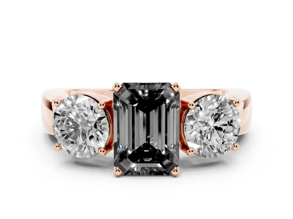 Fancy Black Three-Stone Emerald Cut Diamond Ring with Round Side Stones, Classic Band, and Four-Prong Setting Rose gold