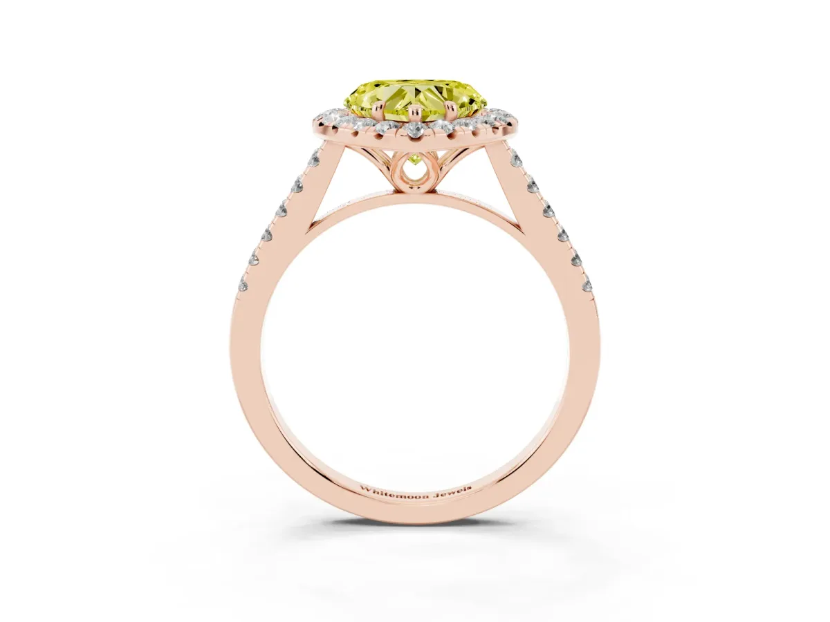 Fancy Yellow Heart Cut Halo Pavé Diamond Engagement Ring with Four-Prong Setting Rose gold