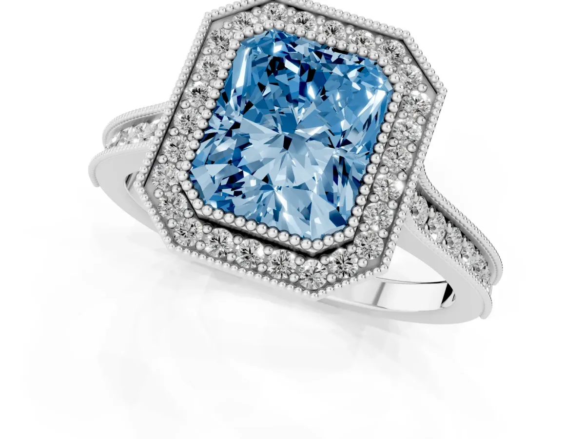 Fancy Blue Halo Radiant Cut-Cut Diamond Pave Band Milgrain Prong Setting Ring Silver