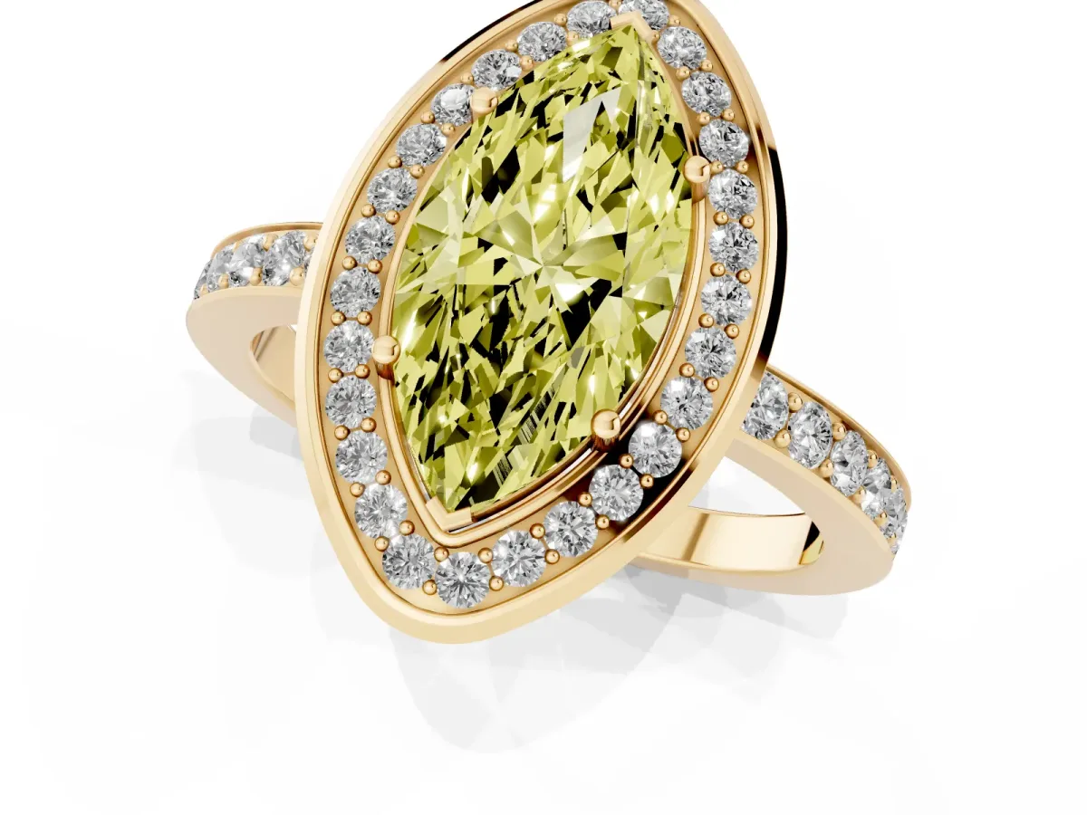 Fancy Yellow Marquise Cut Diamond Halo Ring with Bezel Frame and Pavé Band Yellow gold