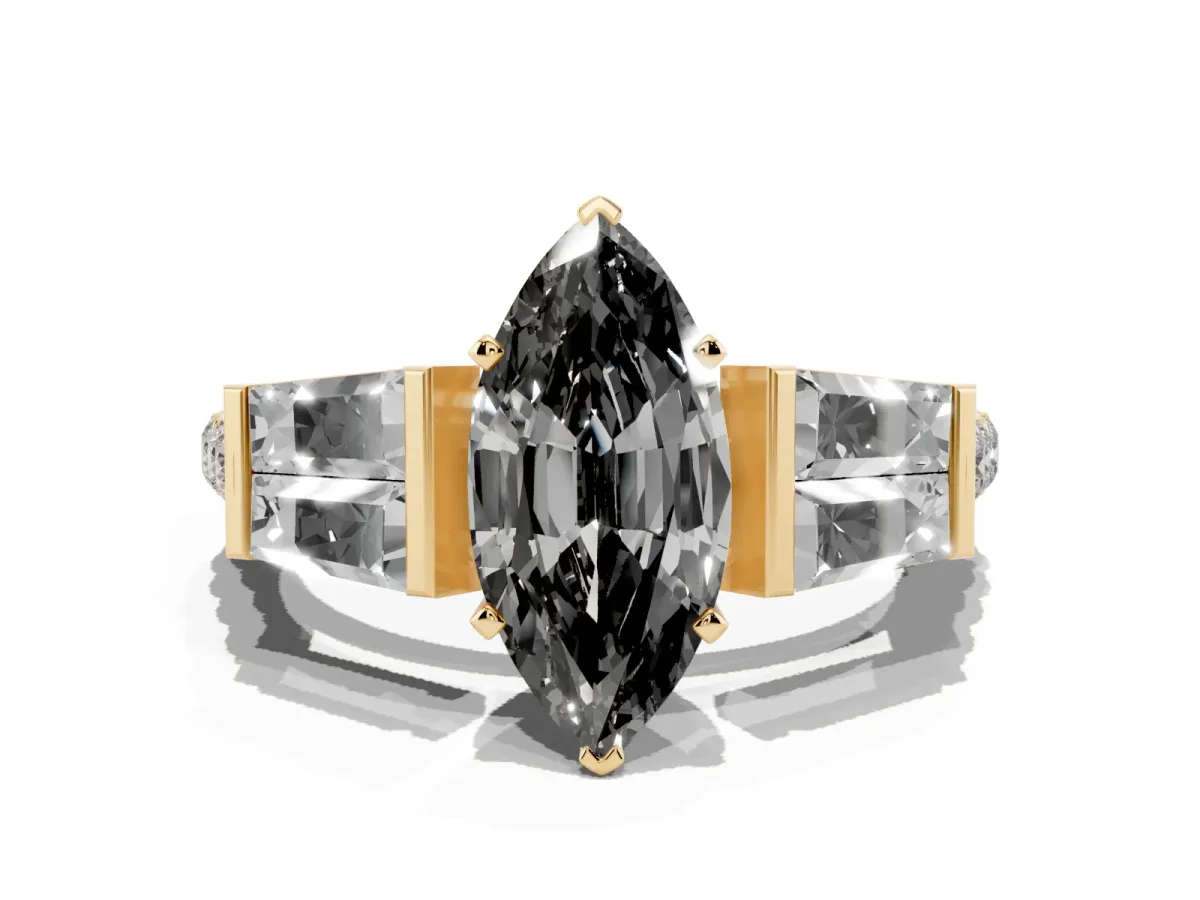 Fancy Black Marquise Cut Diamond Engagement Ring with Baguette Side Stones and Channel Set Band Yellow gold