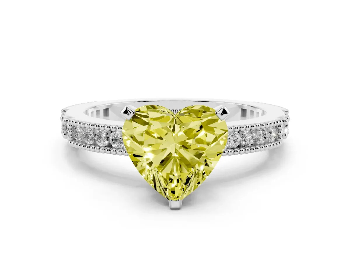 Fancy Yellow Heart Cut Solitaire with Pavé Band and Four-Prong Setting Silver