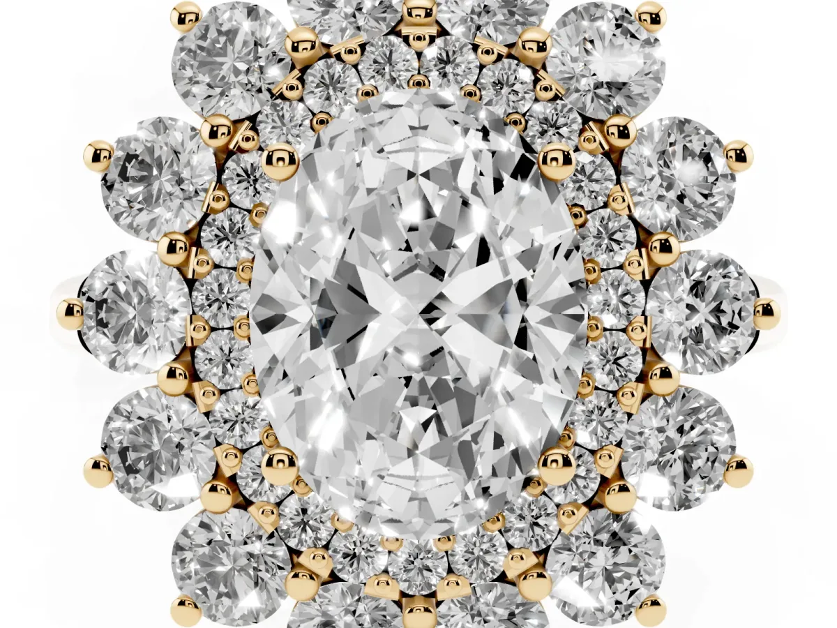 Oval Cut Diamond Floral Double Halo Engagement Ring with Prong Setting Yellow gold