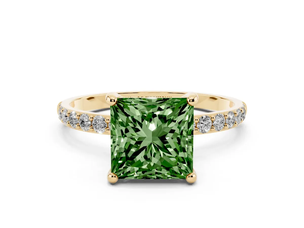 Fancy Green Princess Cut Diamond Solitaire Ring with Round Pavé Band and Prong Setting Yellow gold