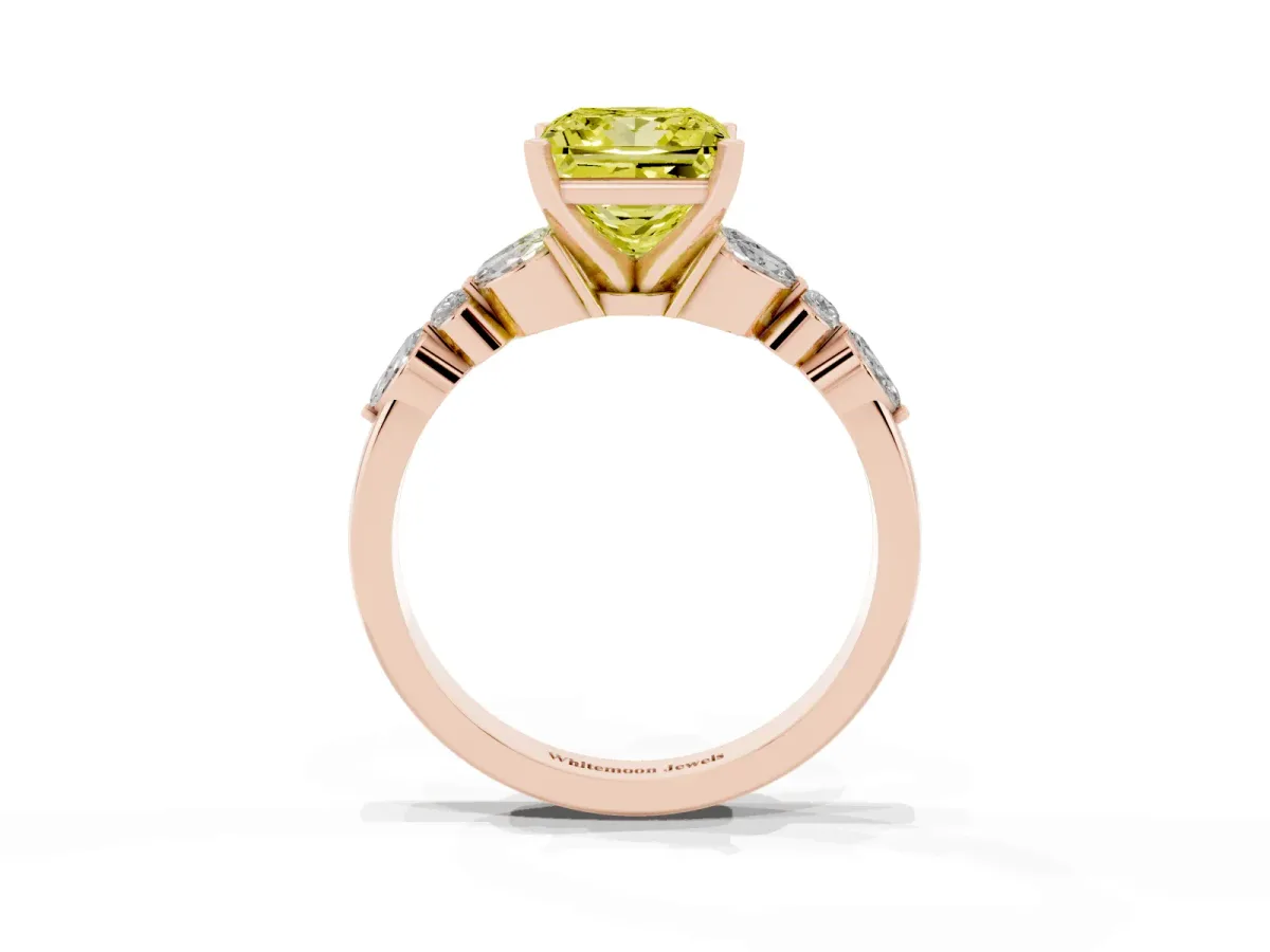 Fancy Yellow Princess Cut Diamond Solitaire Ring with Side Stones and Four-Prong Setting Rose gold
