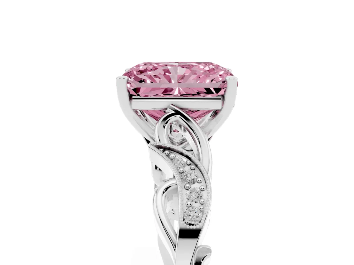 Fancy Pink Radiant Cut Solitaire Vine Band with Milgrain Prong Setting Silver