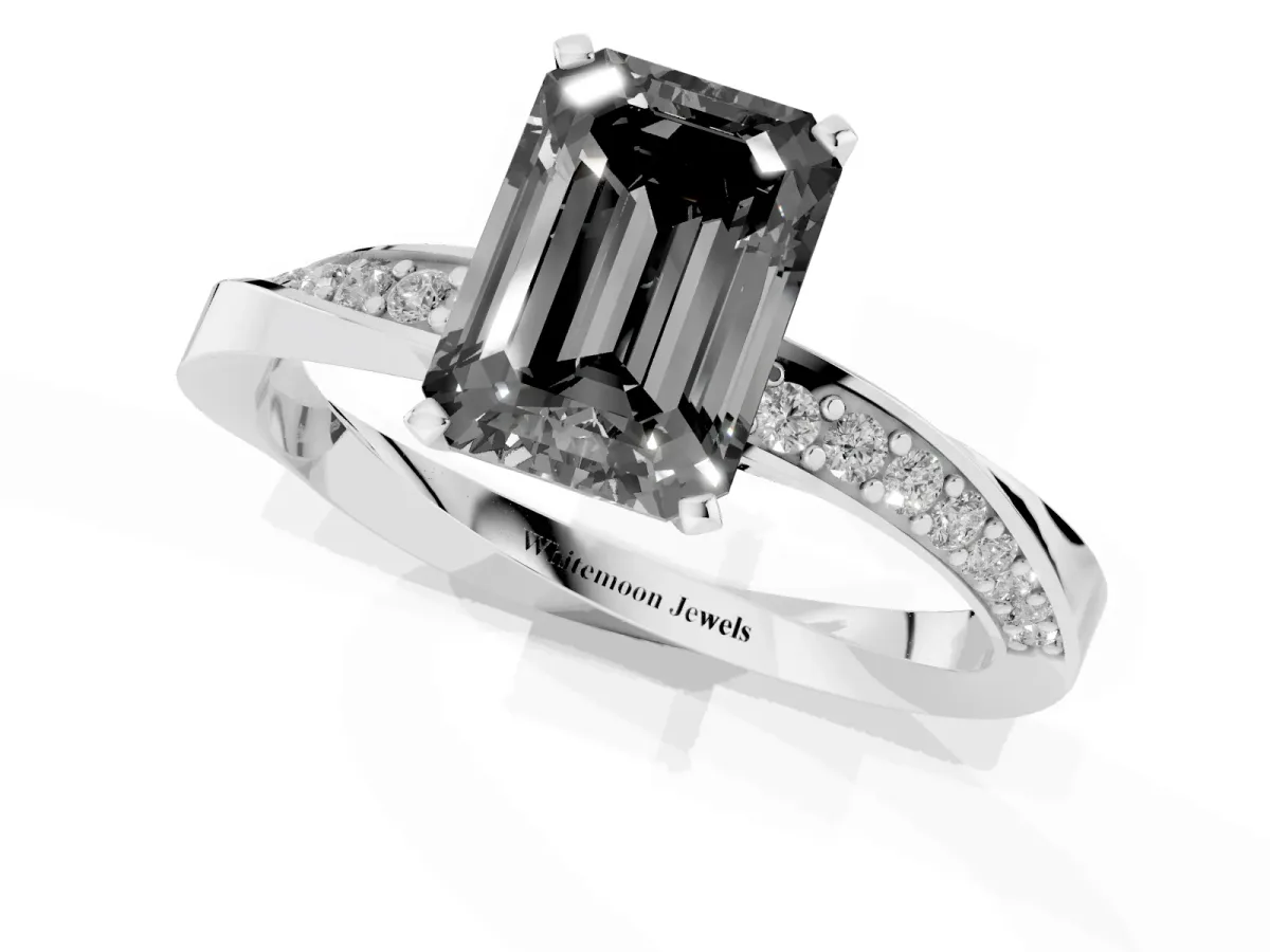 Fancy Black Emerald Cut Diamond Engagement Ring with Side Stone Accents and Four-Prong Setting Silver