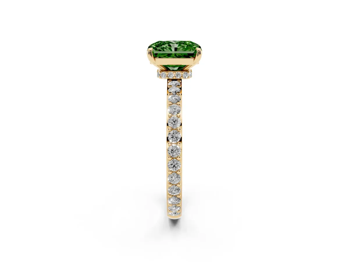 Fancy Green Radiant Cut Diamond Pavé Engagement Ring with Round Accents and Prong Setting Yellow gold