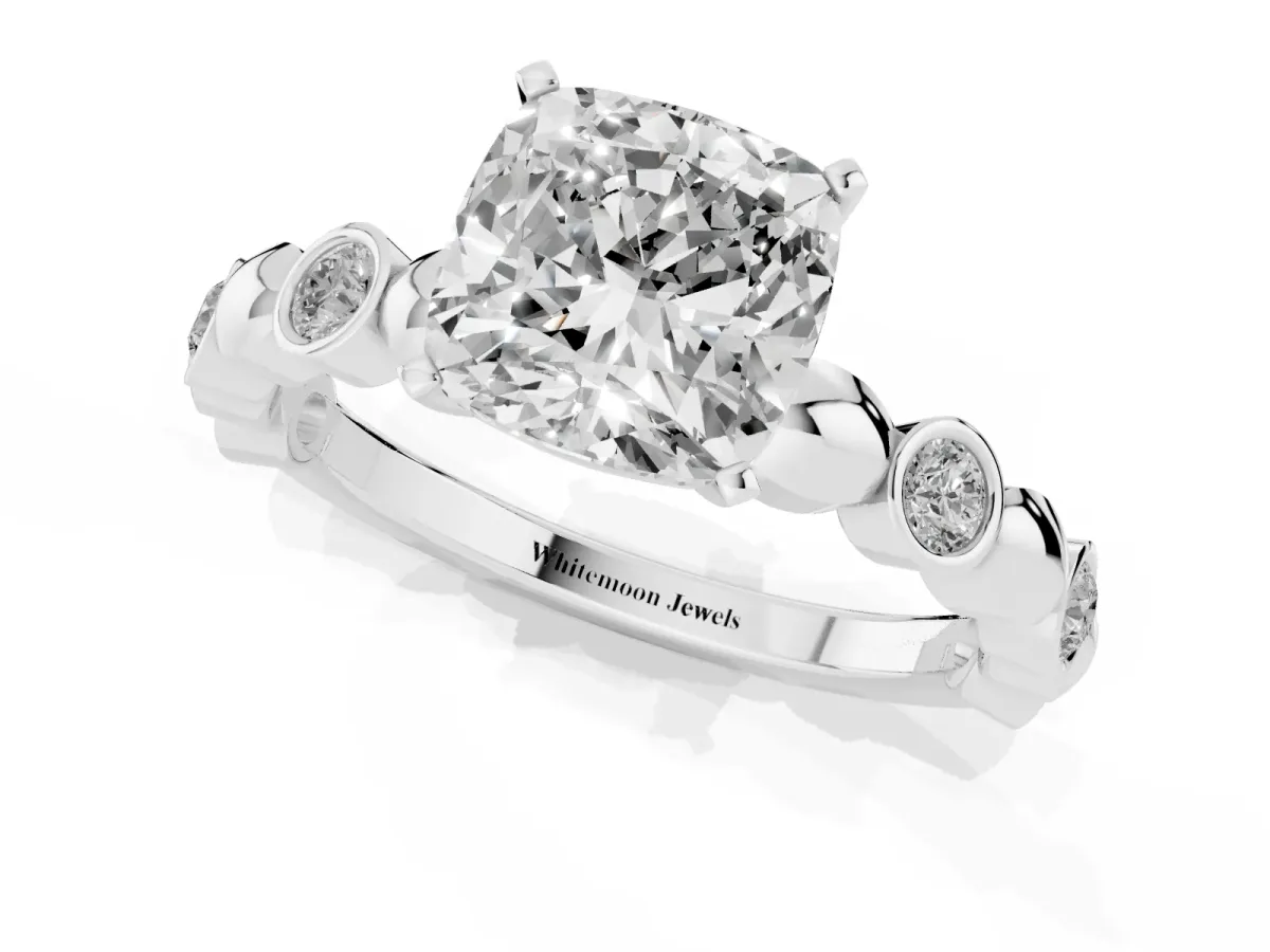 Cushion Cut Solitaire Bezel-Set Diamond Ring with Beaded Band and Four-Prong Setting Silver