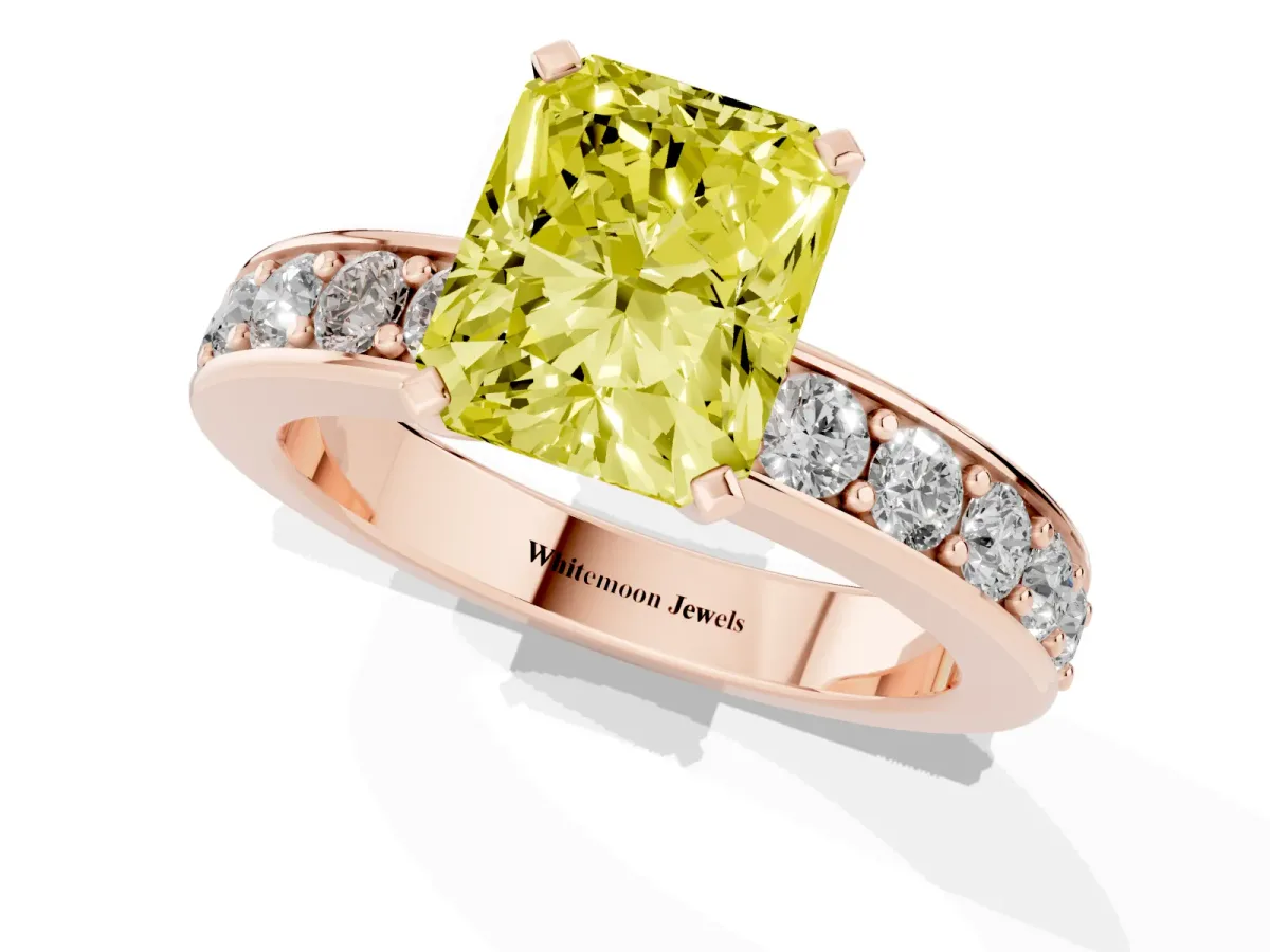 Fancy Yellow Radiant Cut Diamond Engagement Ring with Channel Set Round Band and Prong Setting Rose gold