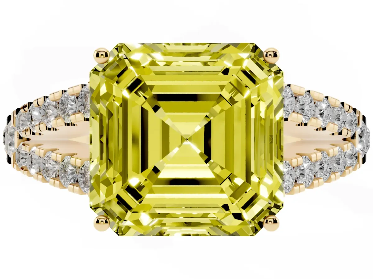 Fancy Yellow Asscher Cut Diamond Split Shank Pavé Engagement Ring with Four-Prong Setting Yellow gold