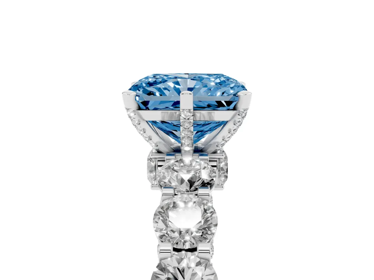 Fancy Blue Radiant Cut Diamond Side Stone Engagement Ring with Four-Prong Setting White gold