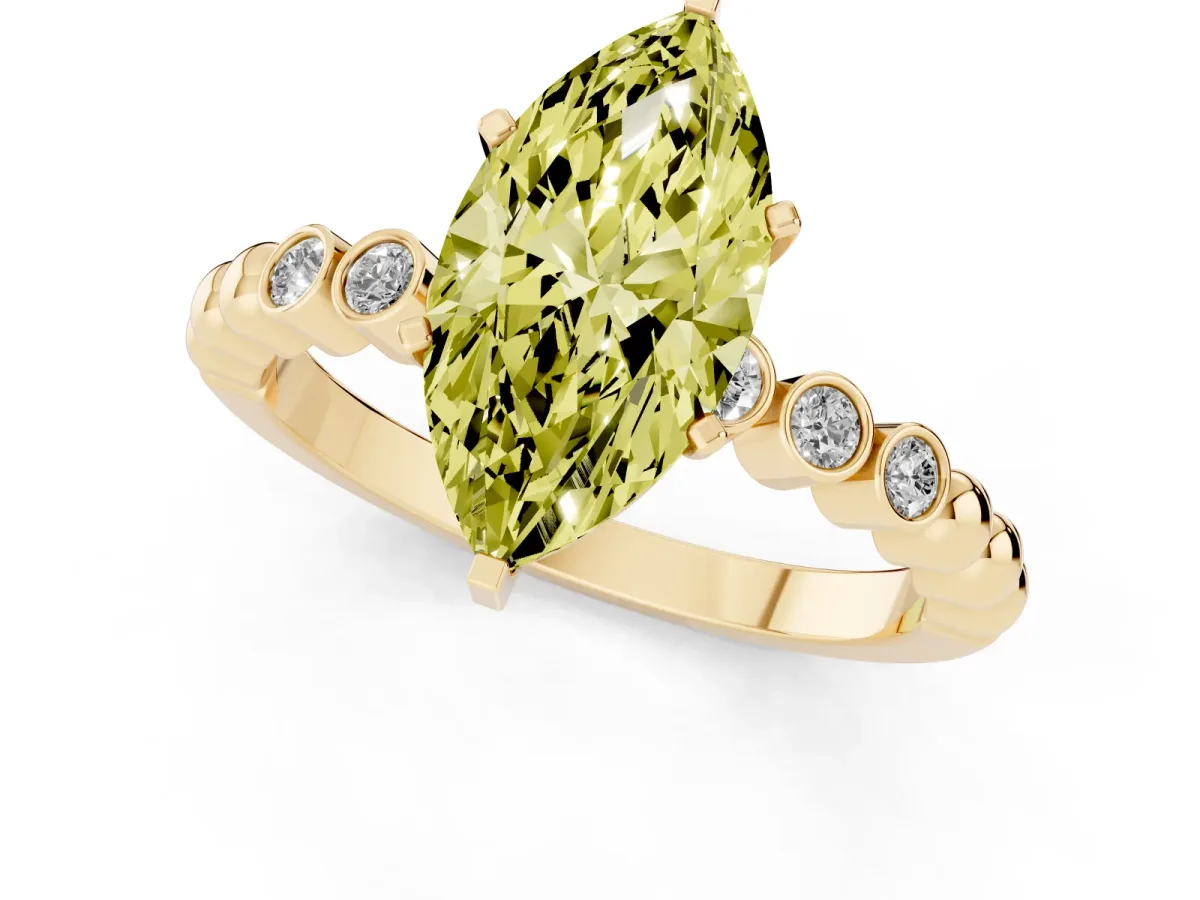 Fancy Yellow Marquise Cut Solitaire Bezel Accent Diamond Engagement Ring with Beaded Band and Four-Prong Setting Yellow gold