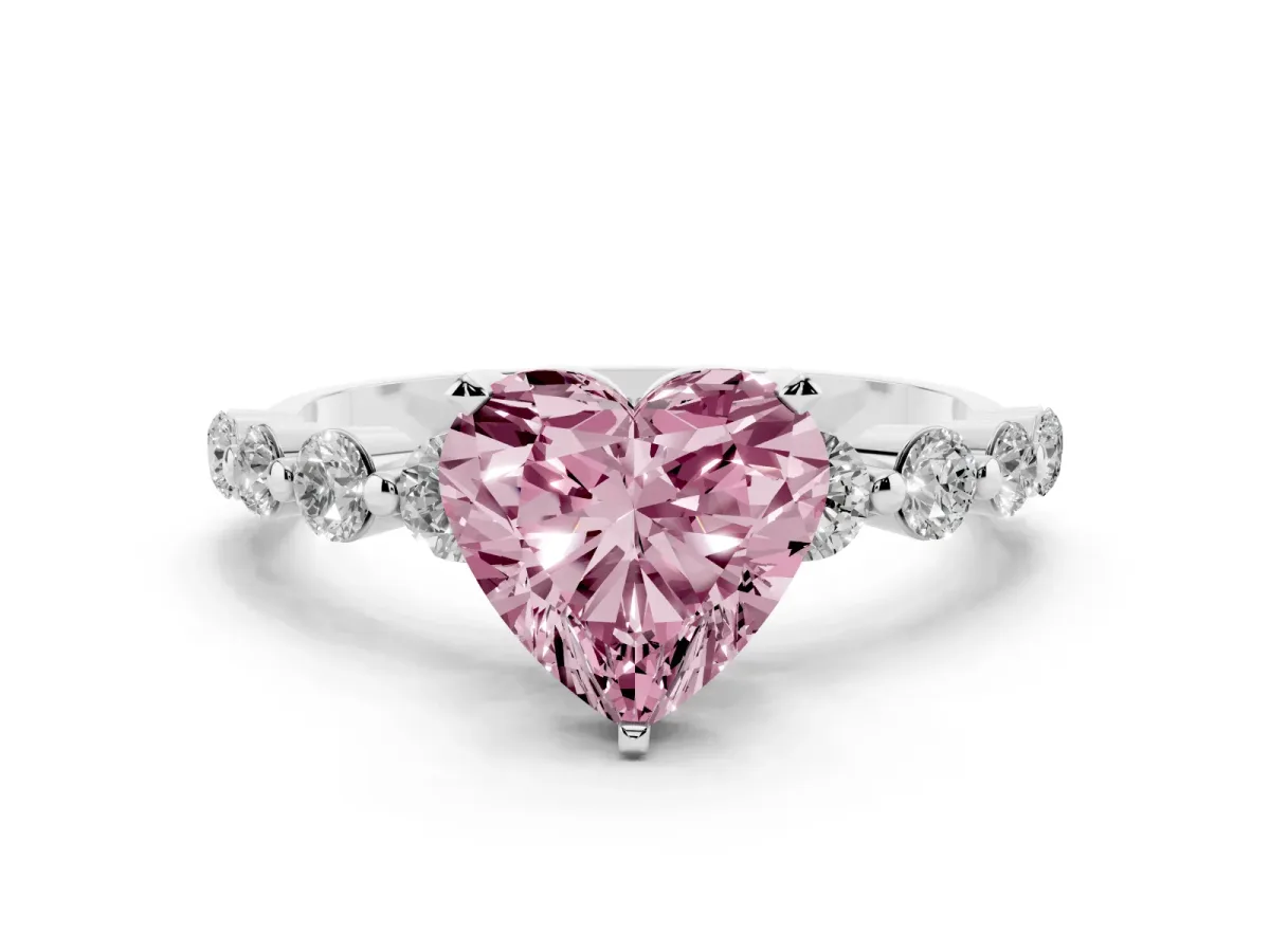 Fancy Pink Heart Cut Solitaire Diamond Ring with Pave Band and Four-Prong Setting Silver