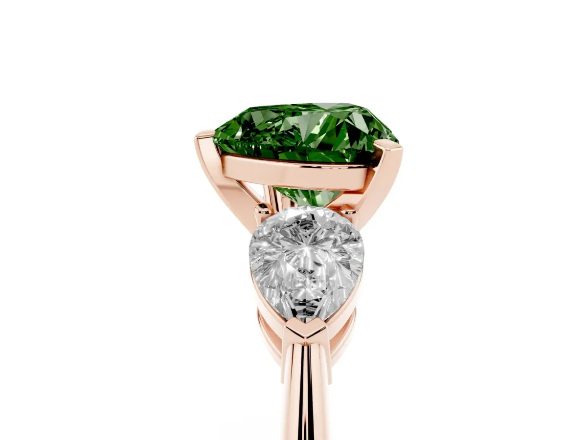 Fancy Green Three-Stone Heart Cut Diamond Ring with Pear Side Stones and Four-Prong Setting Rose gold