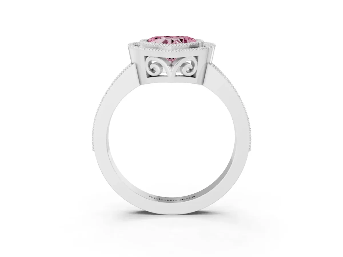Fancy Pink Heart Cut Cut Halo Diamond Ring with Pavé Band and Milgrain Prong Setting Silver