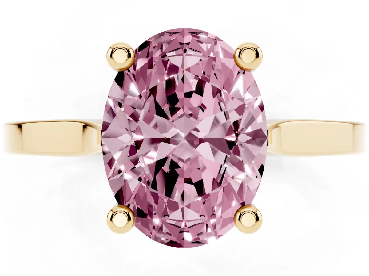 Fancy Pink Oval Cut Solitaire Diamond Ring with Four-Prong Setting and Tapered Band Yellow gold