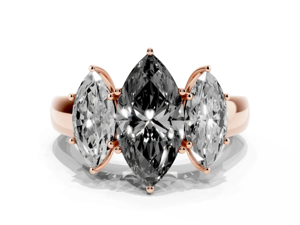 Fancy Black Three-Stone Marquise Cut Cut Diamond Ring with Prong Setting and Classic Band Rose gold