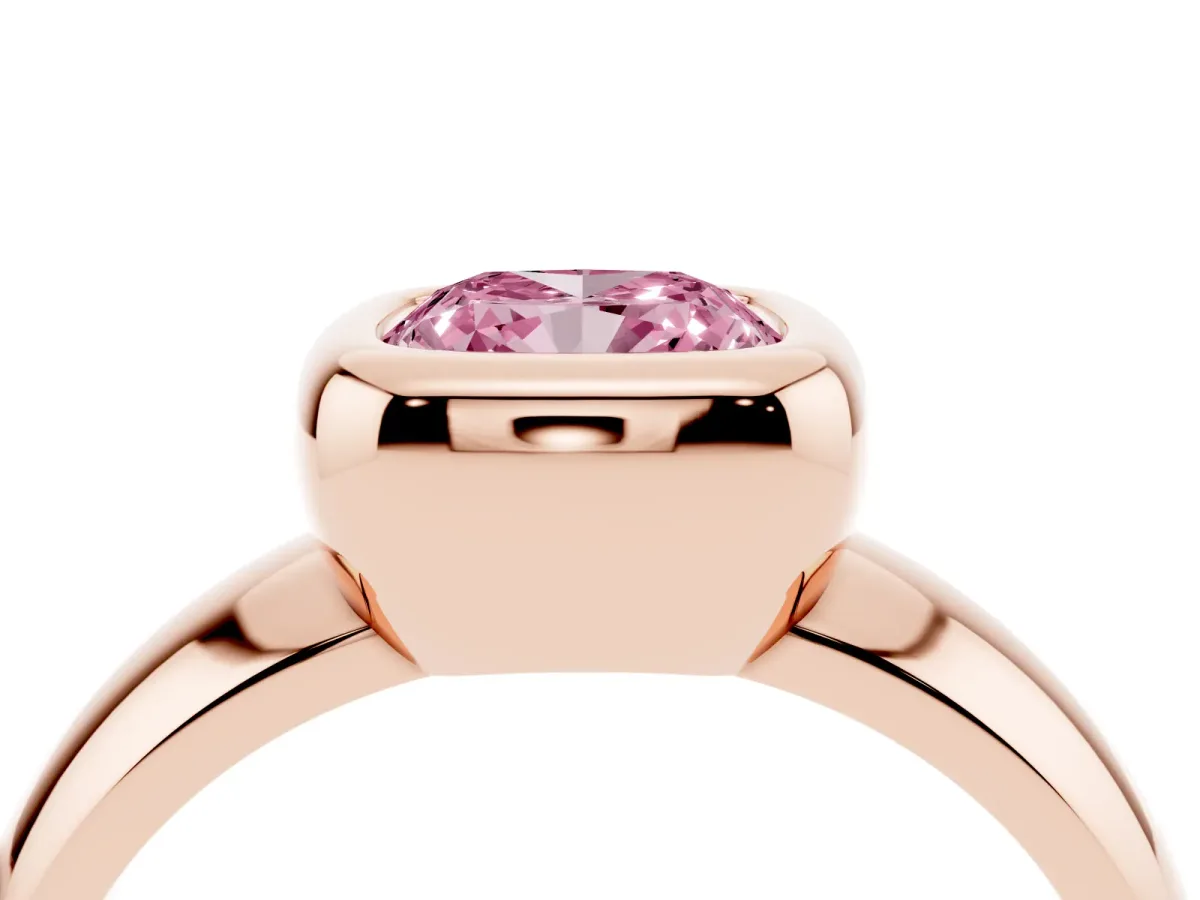 Fancy Pink Bezel Set Cushion Cut Solitaire Ring with Wide Band Rose gold