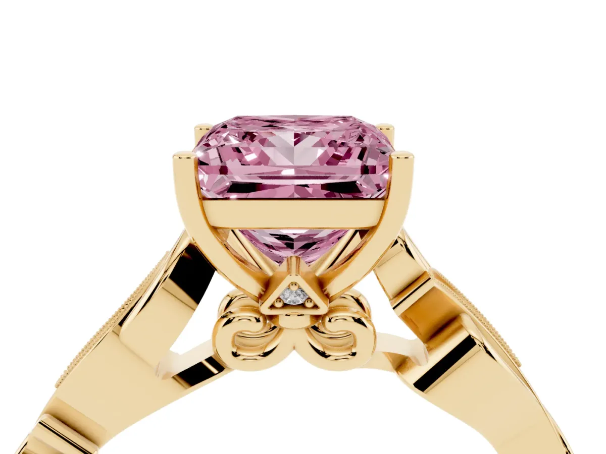 Fancy Pink Princess Cut Solitaire Vine Band with Milgrain Prong Setting Yellow gold
