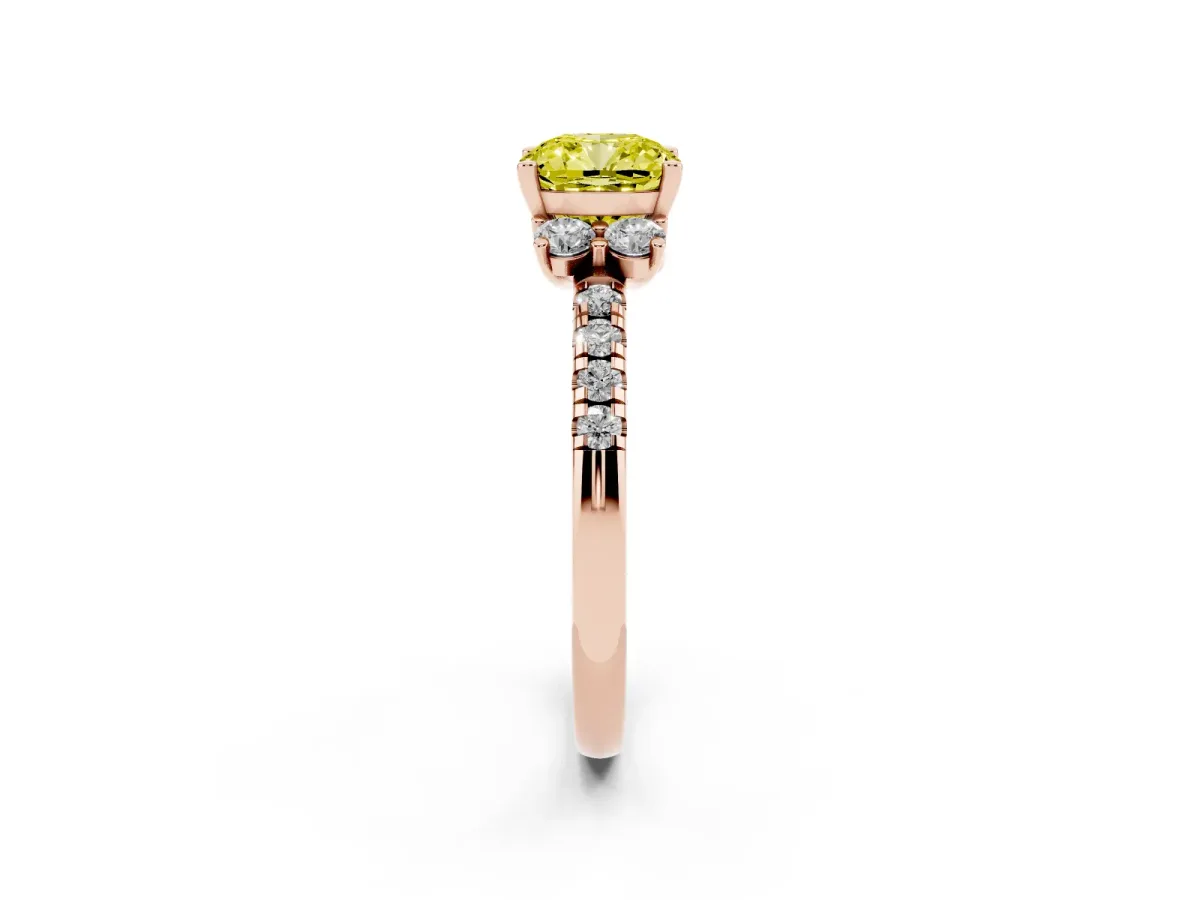 Fancy Yellow Cushion Cut Diamond Three-Stone Pave Band with Four-Prong Setting Rose gold