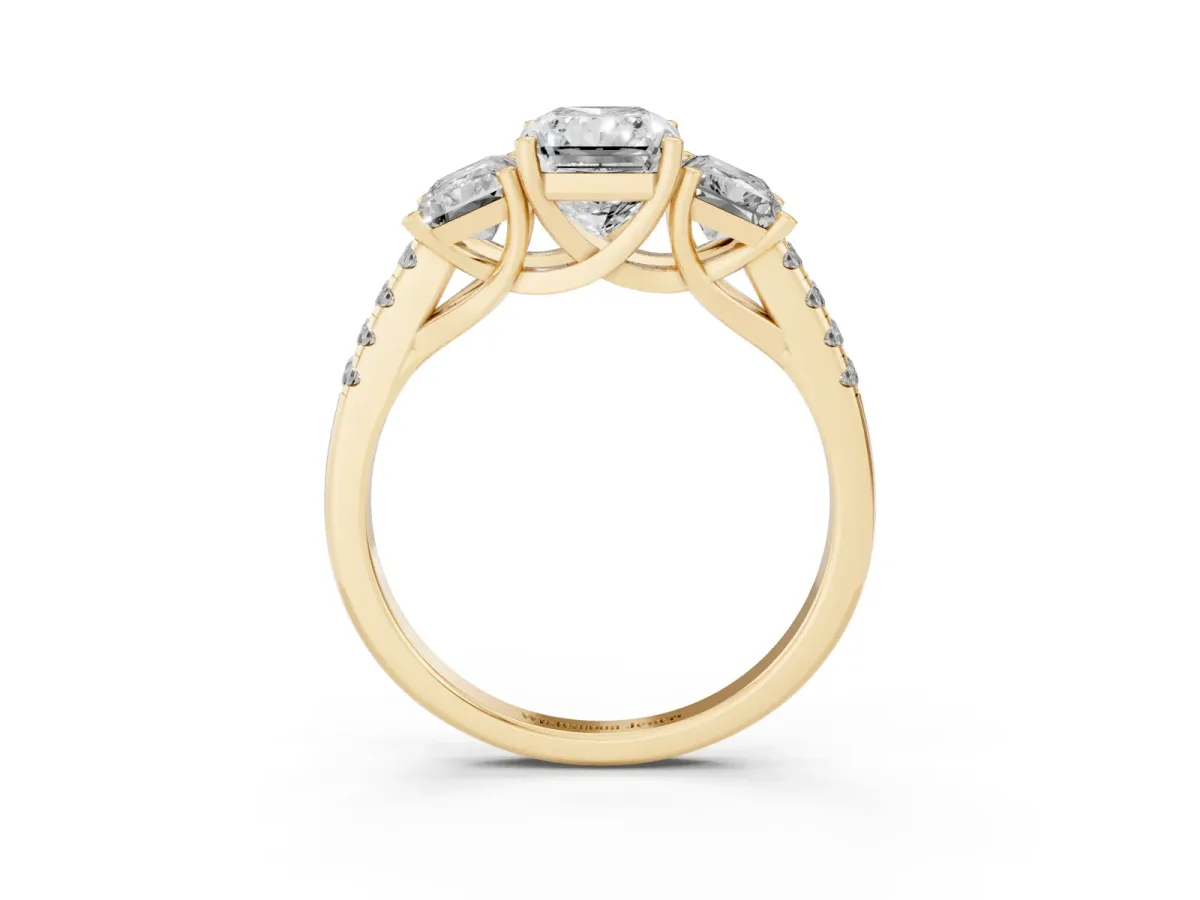 Three-Stone Radiant Cut Diamond Ring with Round Pavé Band and Prong Setting Yellow gold