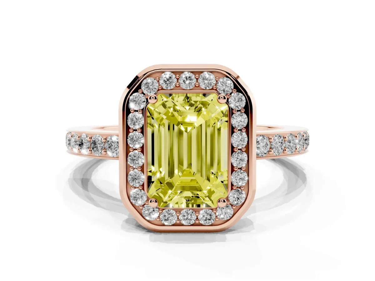 Fancy Yellow Emerald Cut Diamond Halo Ring with Bezel Frame and Pavé Band Rose gold