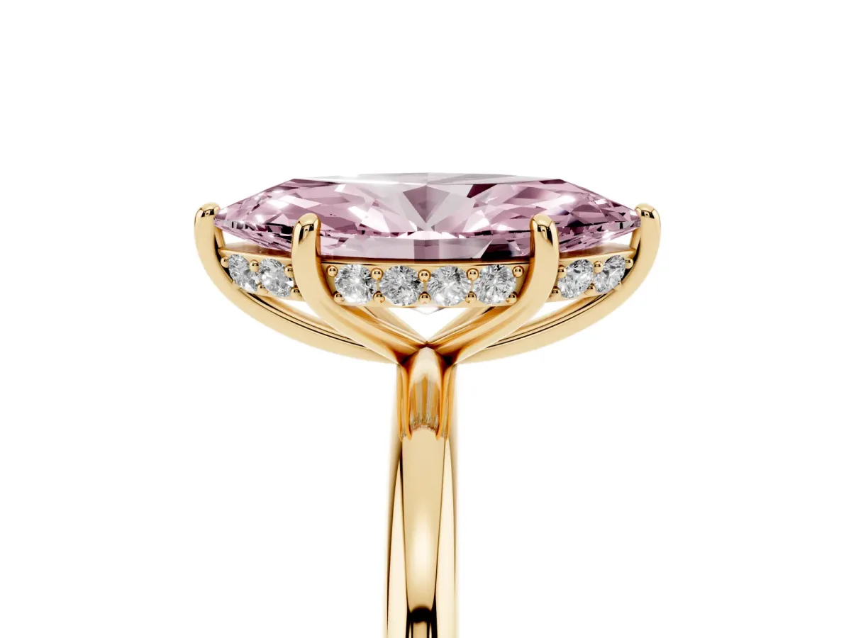 Fancy Pink Marquise Cut Solitaire Diamond Ring with a Classic Band and Four-Prong Setting Yellow gold
