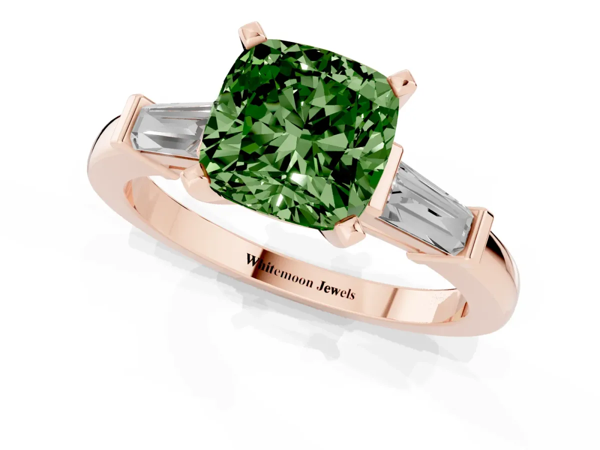 Fancy Green Cushion Cut Cut Diamond Solitaire Ring with Tapered Baguette Accents and Four-Prong Setting Rose gold